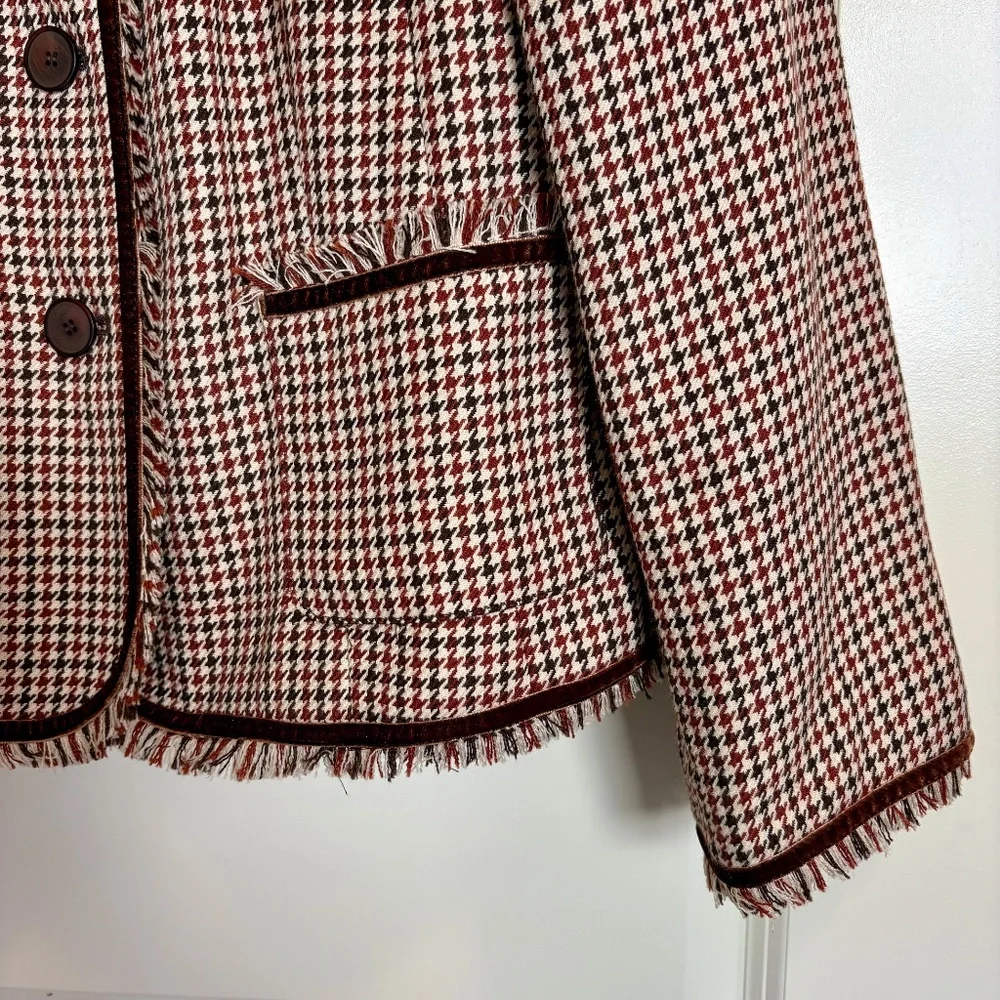Vintage 90s Y2K Norton‎ McNaughton Houndstooth Brown Blazer Women's Sz 12 Fringe